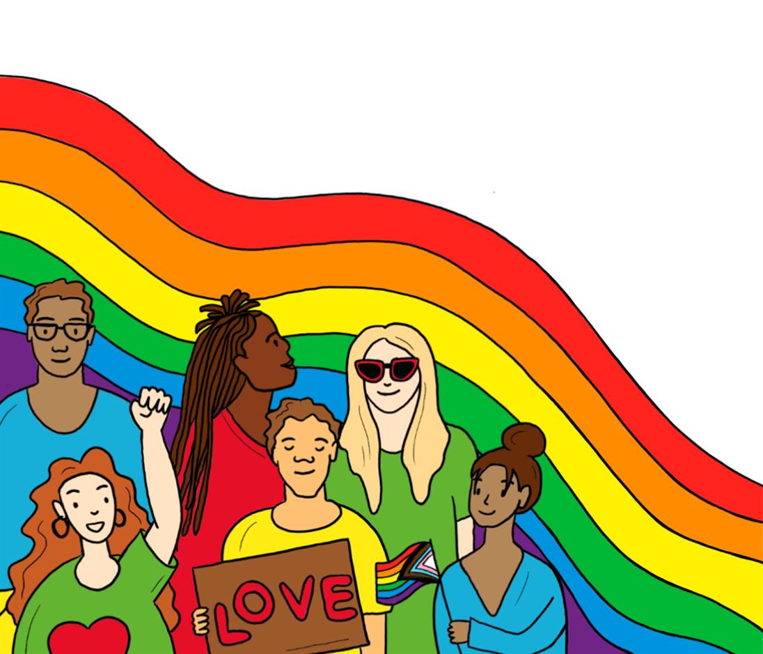 Es wird eine Gruppe an Personen dargestellt, welche unterschiedlicher Herkunft und Geschlechts sind. Im Hintergrund wird groß die Regenbogenflagge abgebildet.
